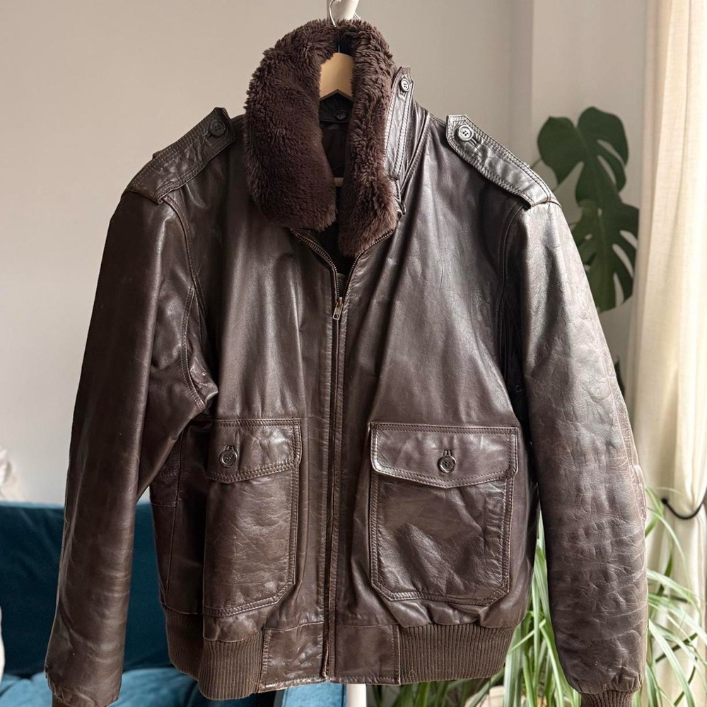 Peter England Dark Brown Leather Jacket with Shearling Collar